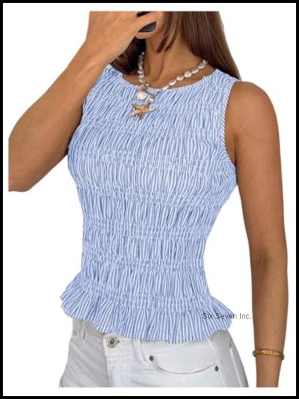 Sleeveless Shirred Ruffle Hem Peplum Tank Top Striped Summer Smocked Top